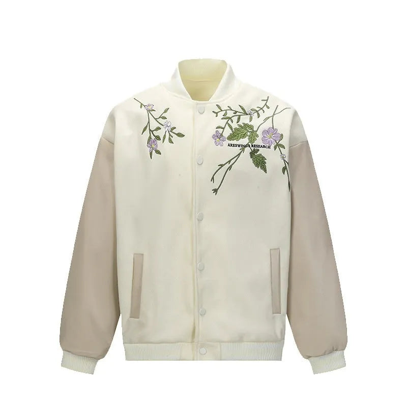 Men's retro plant flower embroidered coat in apricot loose fit polyester with side pockets