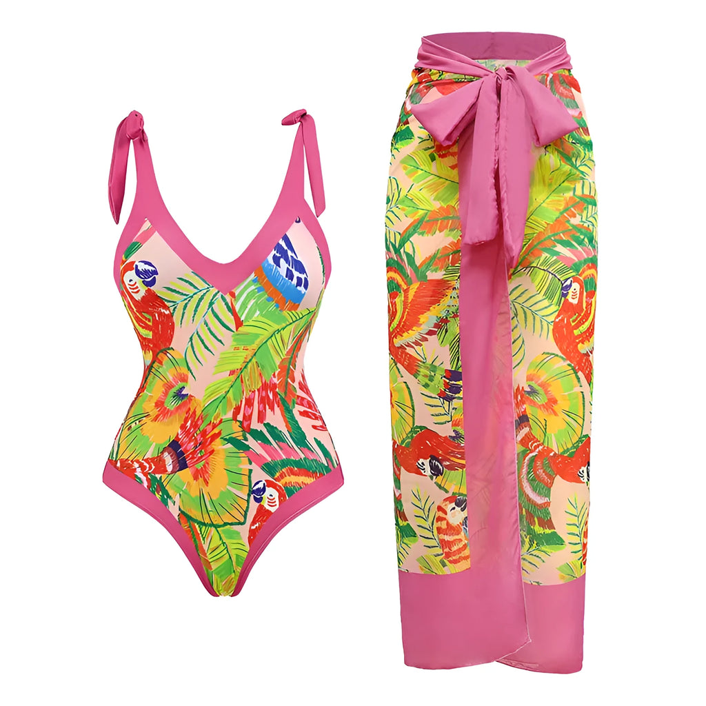 Solid colour women's one-piece swimsuit with spaghetti straps and a matching skirt.