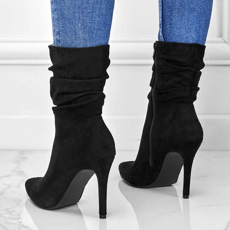 Women's pointed toe stiletto heel ankle boots with side zipper, suede upper, in black colour, car suture detailing