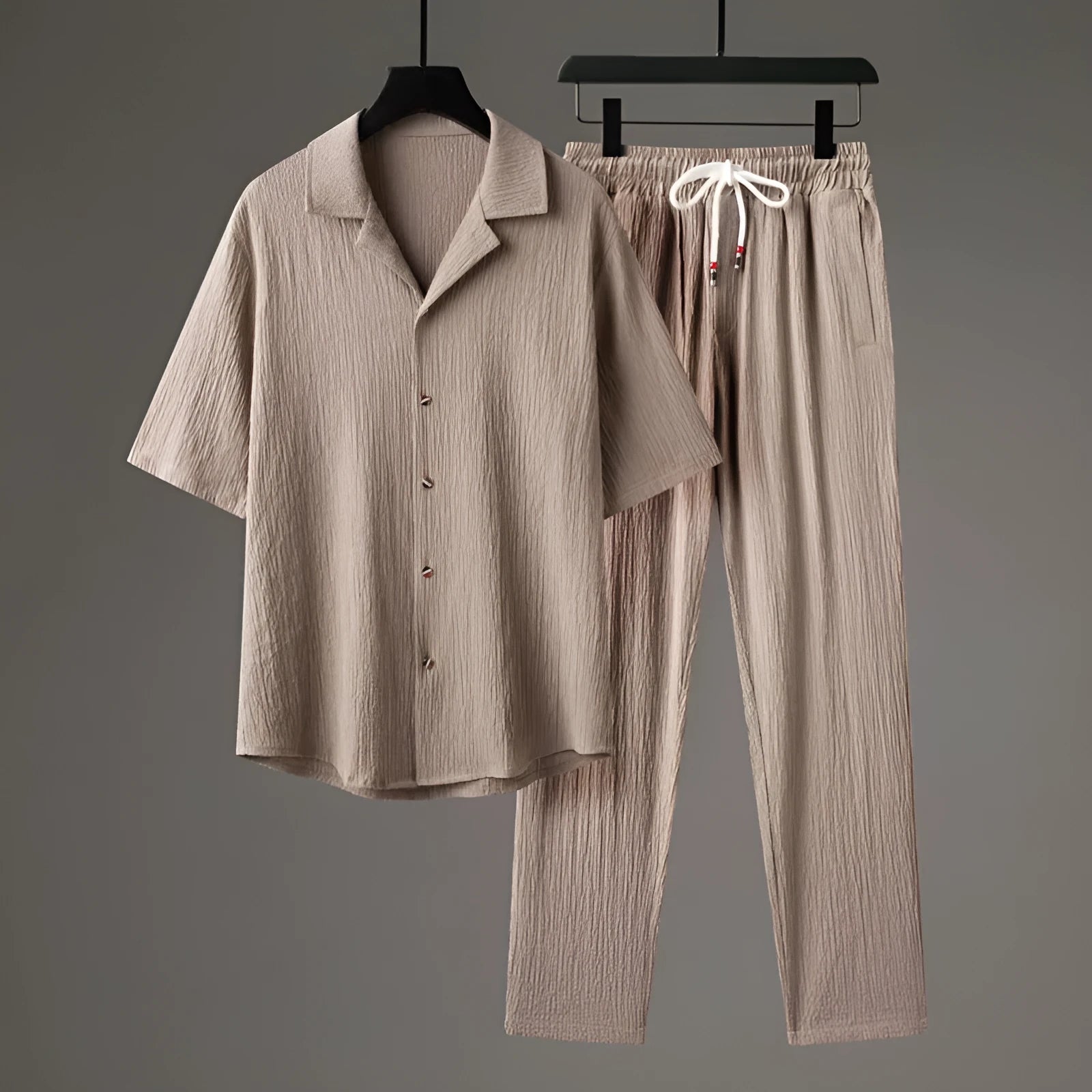 Men's national style two-piece sportswear set showing knitted half-sleeve top and full-length trousers