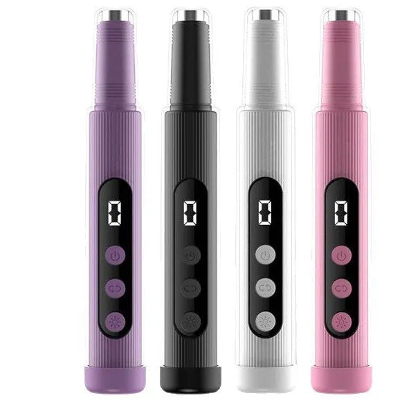 2-in-1 electric nail grinder with LED light, handheld rechargeable, in blush pink with corn head set