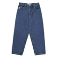 Men's straight-leg denim trousers with retro printed patterns in dark blue, shown in size L
