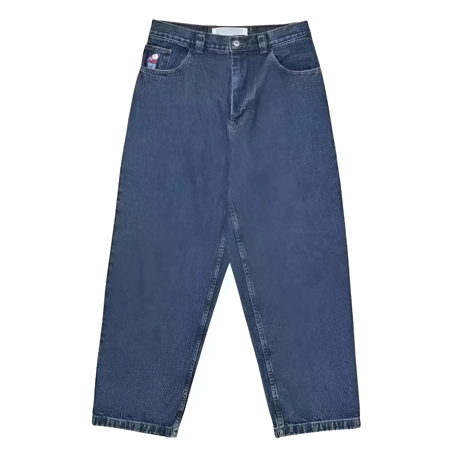 Men's straight-leg denim trousers with retro printed patterns in dark blue, shown in size L