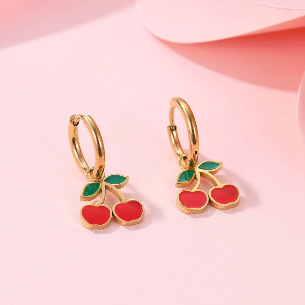 Cherry jewellery set with necklace, bracelet, earrings and ring in stainless steel with 18K electroplated finish