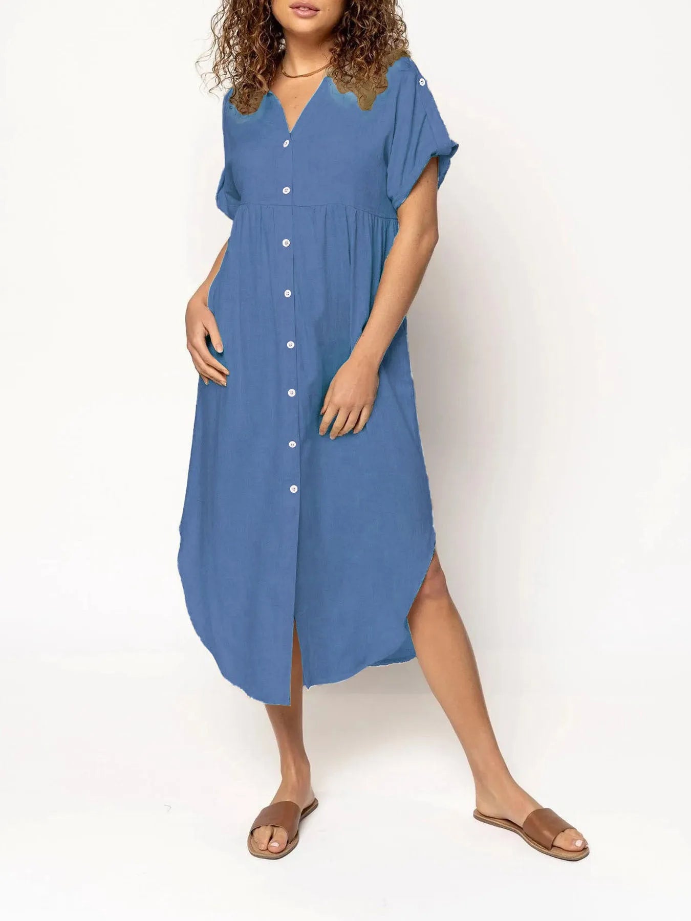 Button-front mid-length casual dress in solid colours with regular sleeves and polyester fabric