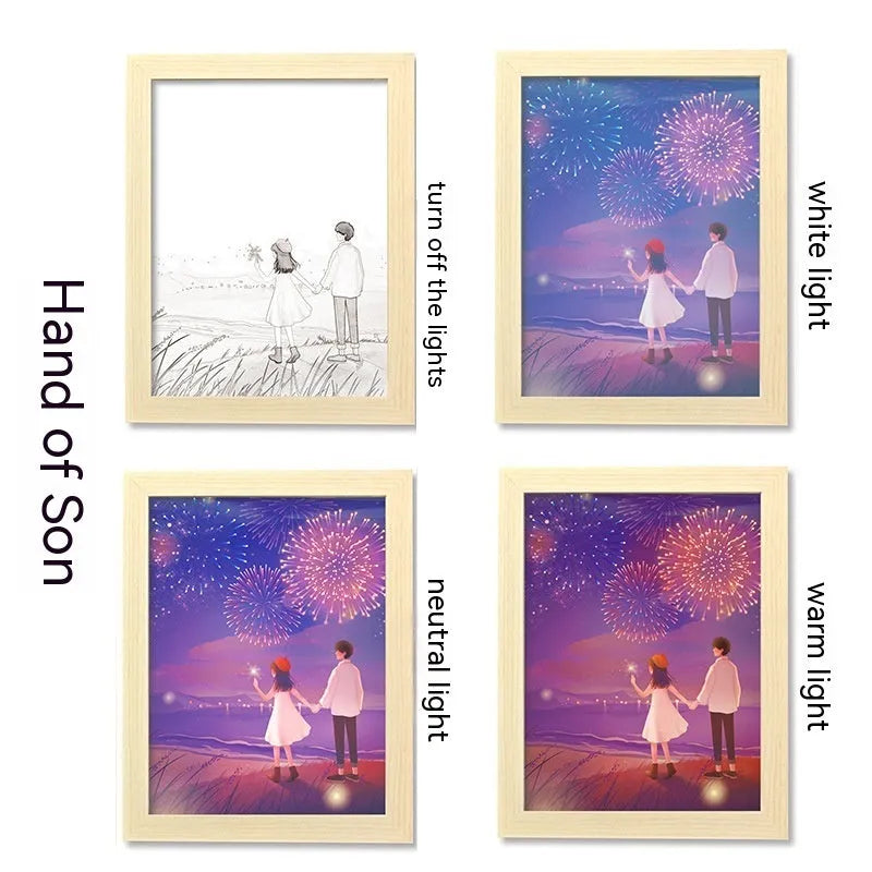 USB LED picture frame night lamp showing illuminated landscape artwork in modern plastic frame