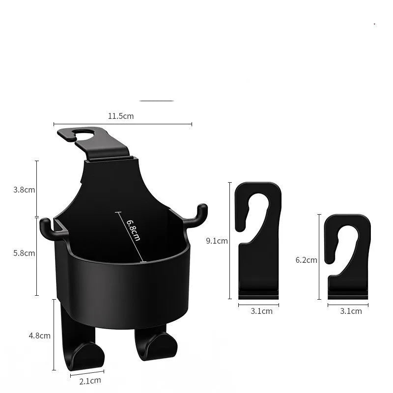 Black plastic car seat back organiser hook with cup holder showing dimensions