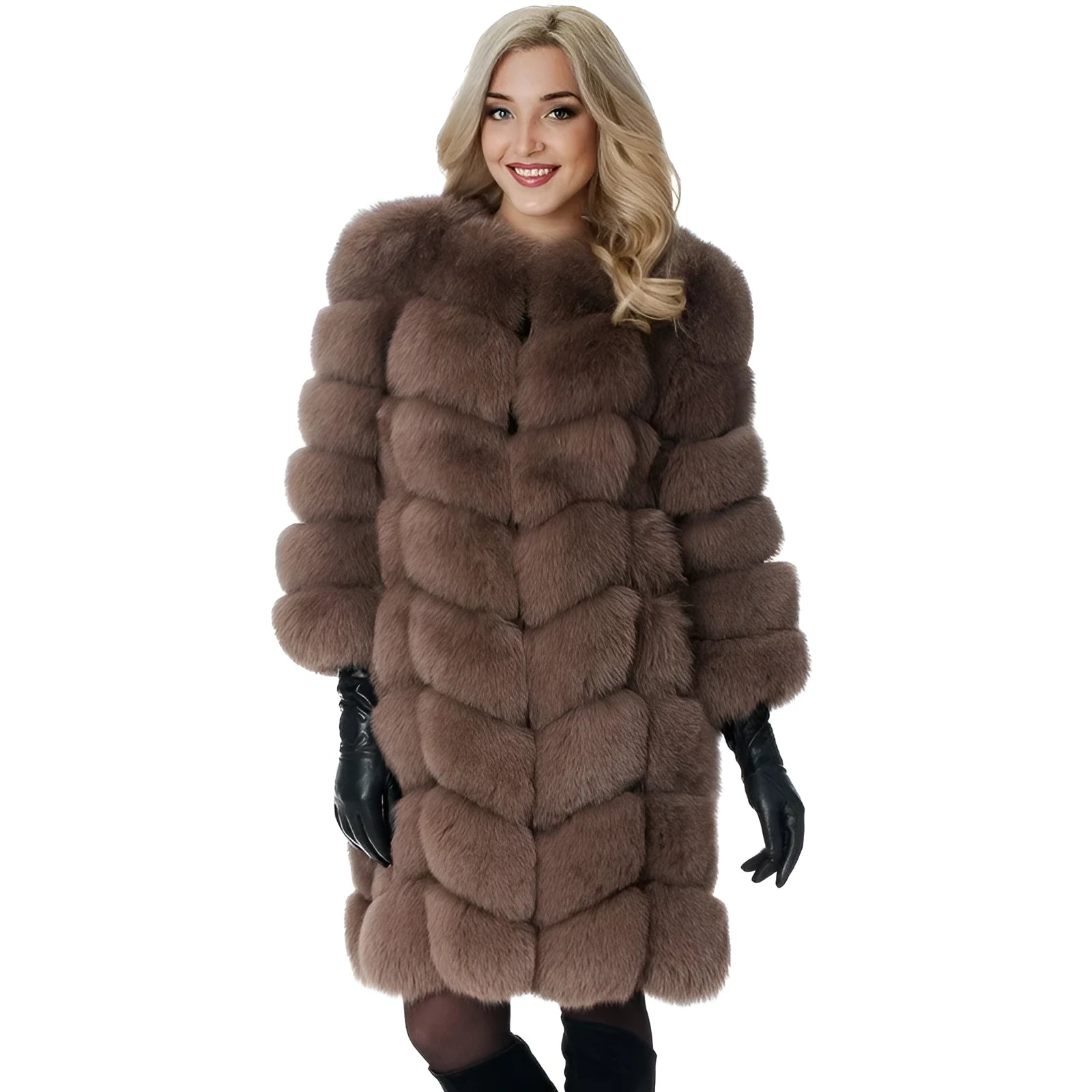 Women's thick artificial fur coat in apricot colour, shown with regular sleeves and 80 cm length