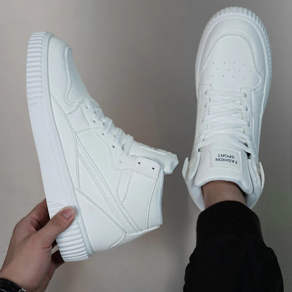Men's white round-toe casual shoes with microfiber uppers on a plain background.