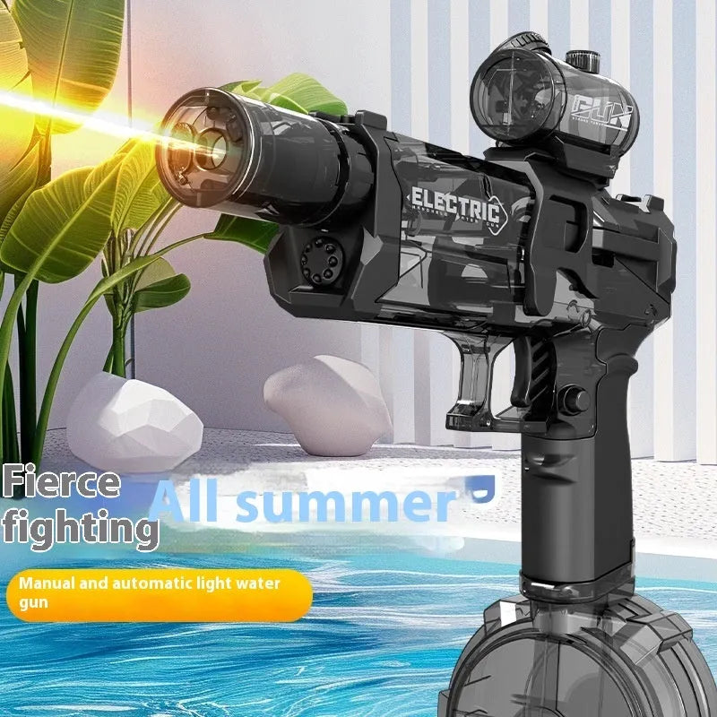 Fire Rat electric water pistol toy with LED lights showing water spray demonstration