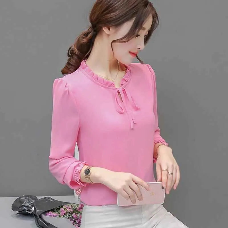 Loose plus size bow chiffon shirt in rose red – women's polyester long sleeve pullover blouse