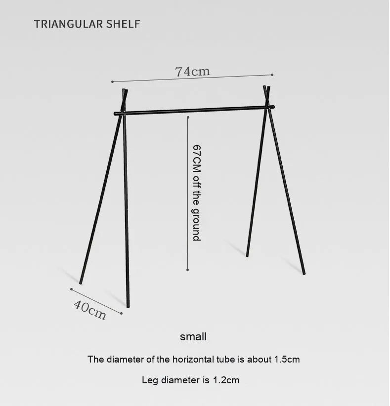 Folded and unfolded aluminium camping drying rack with hooks and side hanger.