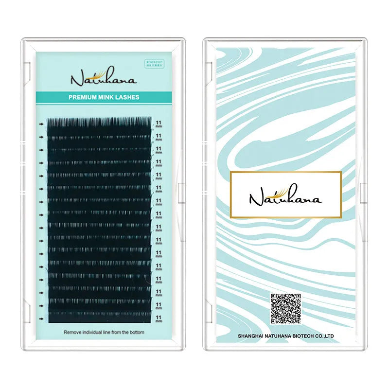 Artificial fibre false eyelashes showing length options from 7mm to 15mm with thickness specifications