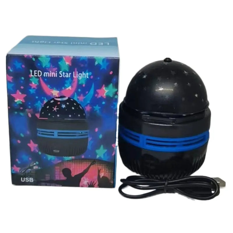 Mini crystal magic ball projector showing starry sky projection effects with USB cable