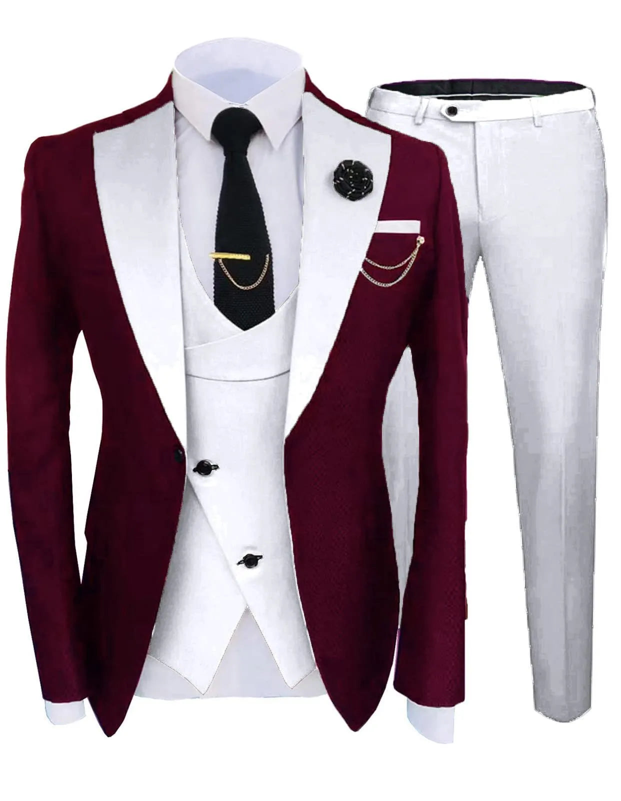 Men's slim fit cotton three-piece wedding suit in dark navy with coat, pants, and vest