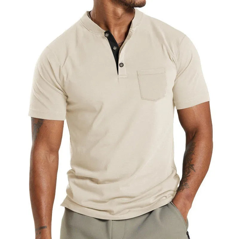 Plus size man wearing a light khaki short sleeve polyester shirt with a button chest pocket.