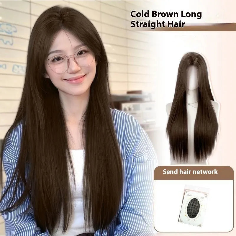 Natural black full-head forehead lace wig with straight mid-length hair displayed with comb, clip, bracket, and bottle.