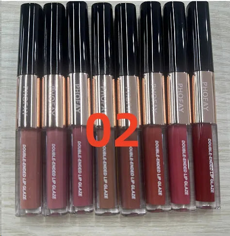 C-L021 double-head non-stick cup lip gloss showing two applicators and eight transparent colour shades.