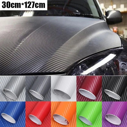 Roll of 3D carbon fibre car sticker in multiple colour options showing dimensions