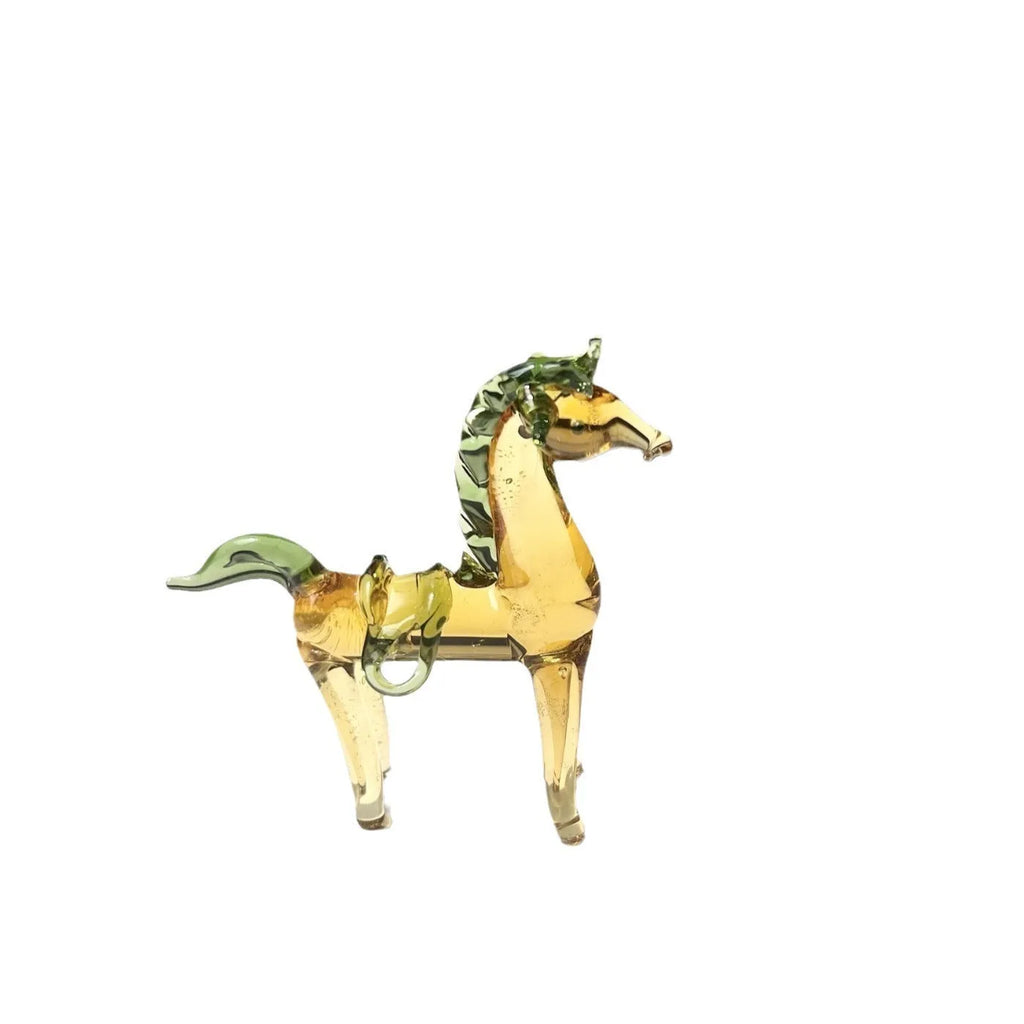 Brown glazed ceramic horse ornament on wooden shelf