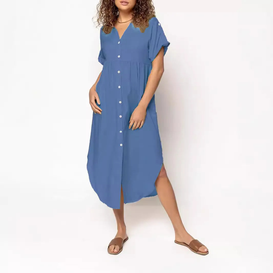 Button-front mid-length casual dress in solid colours with regular sleeves and polyester fabric