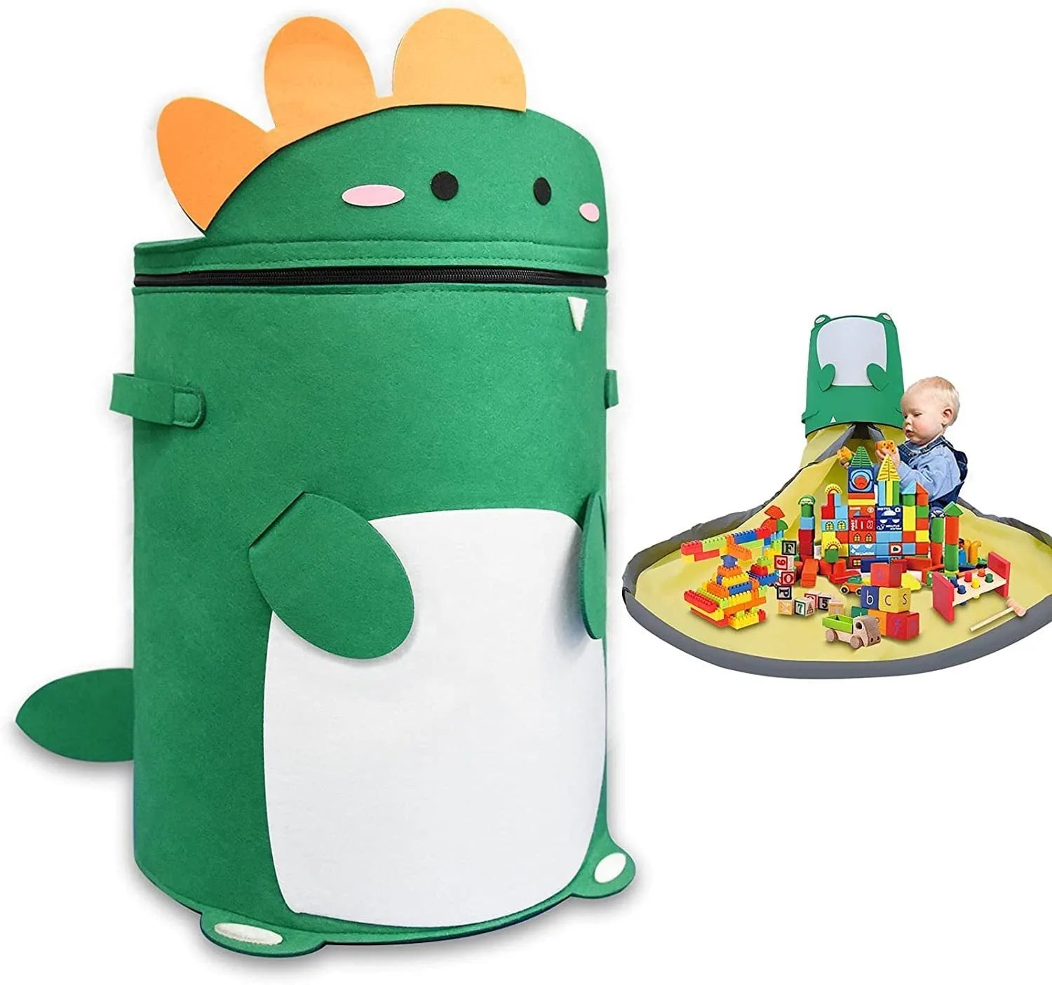 Green felt storage bag cinched closed with pull rope, shown next to it laid flat as a play mat