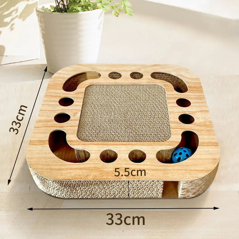 Cat scratching board toy with corrugated paper surface and plastic ball in multiple style options