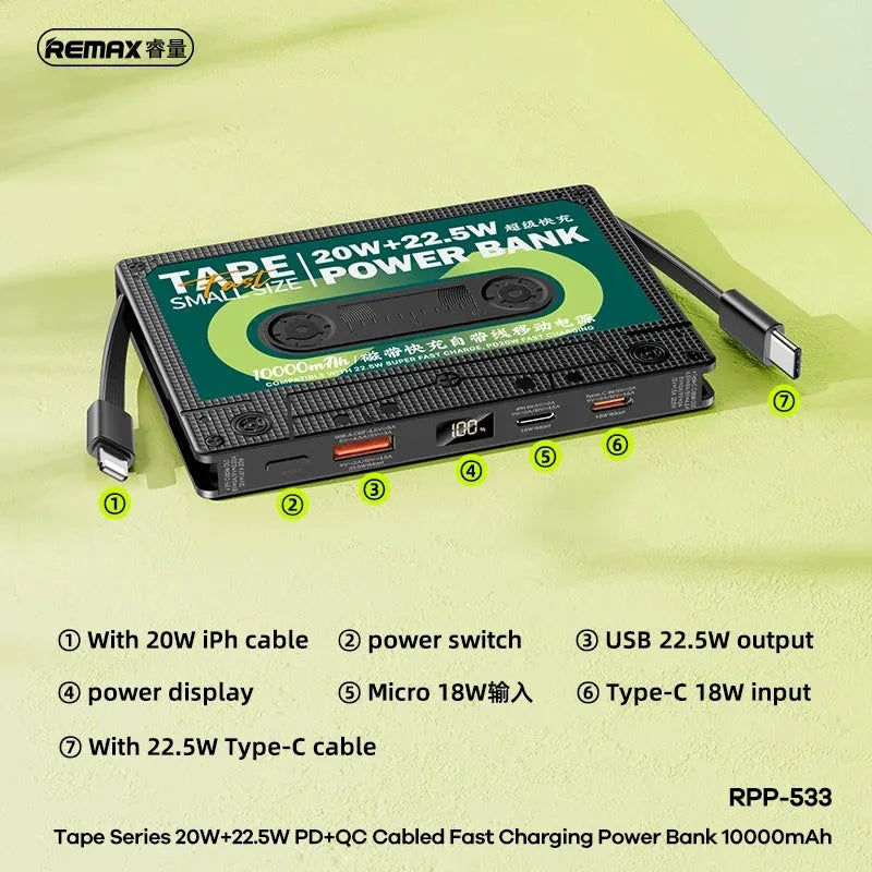 Remax Tape 10000mAh power bank in black with retro design and two-way fast charge