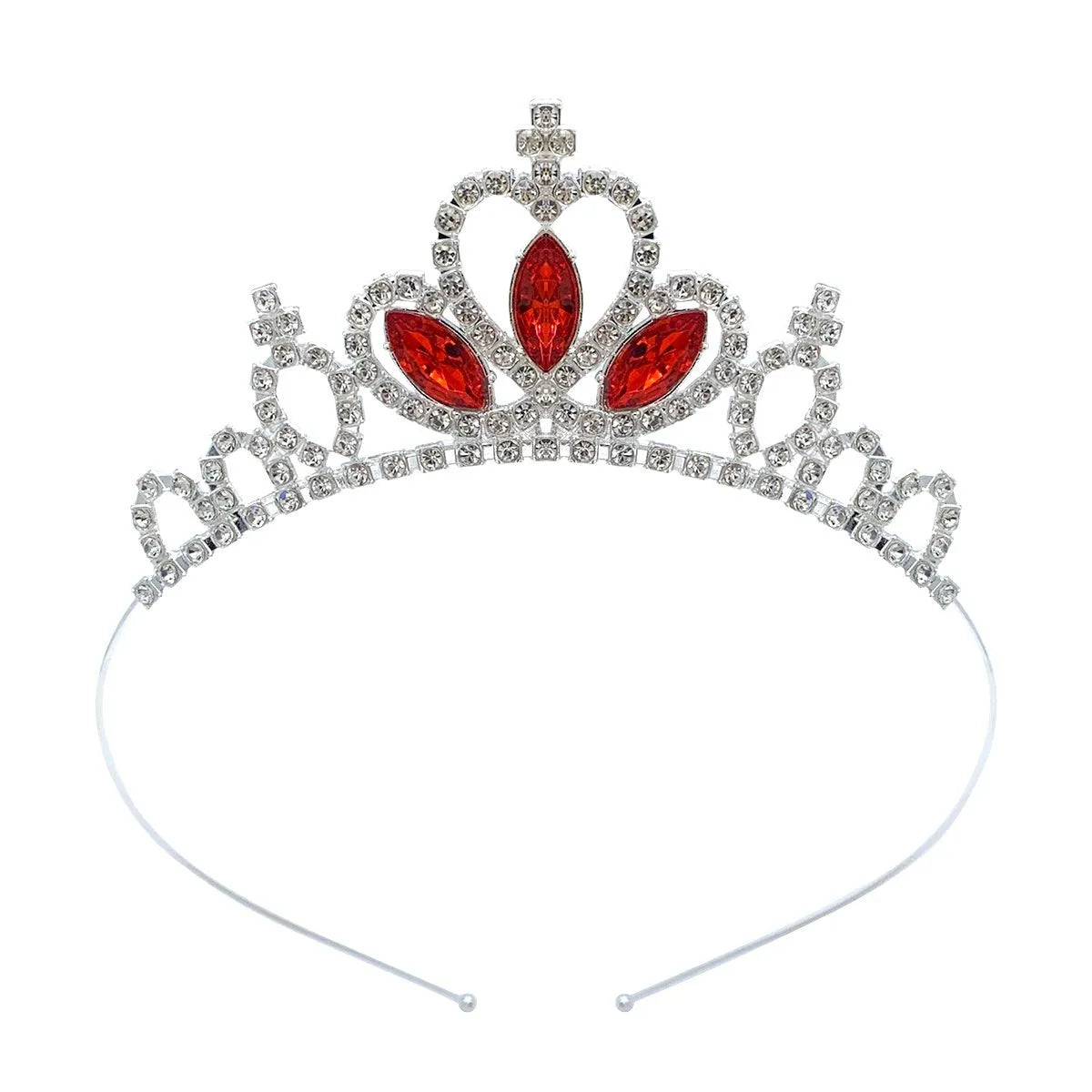 Gold and silver electroplated alloy princess crown headdress for girls with coloured diamond embellishments.