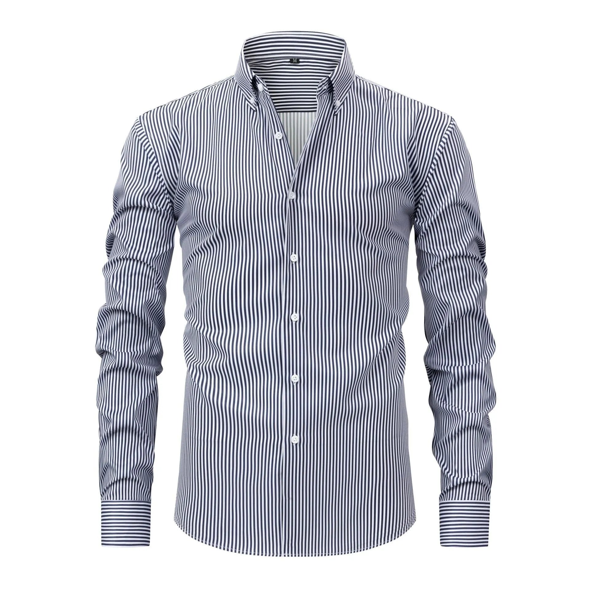 Man wearing a striped long-sleeved anti-wrinkle business casual shirt with a lapel collar.