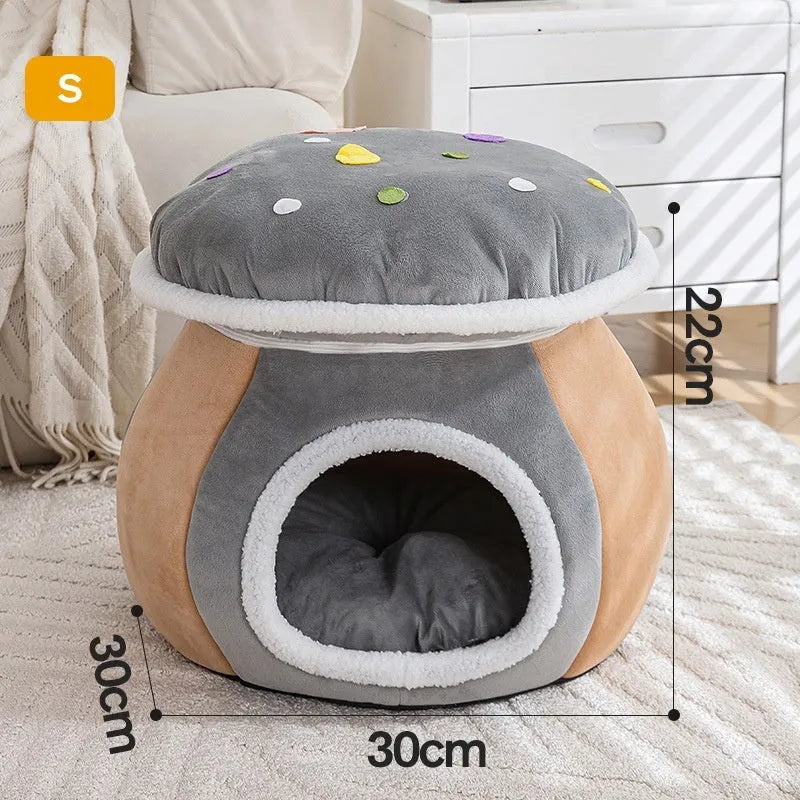 Grey mushroom-shaped plush cat bed nest for small pets on a white background.