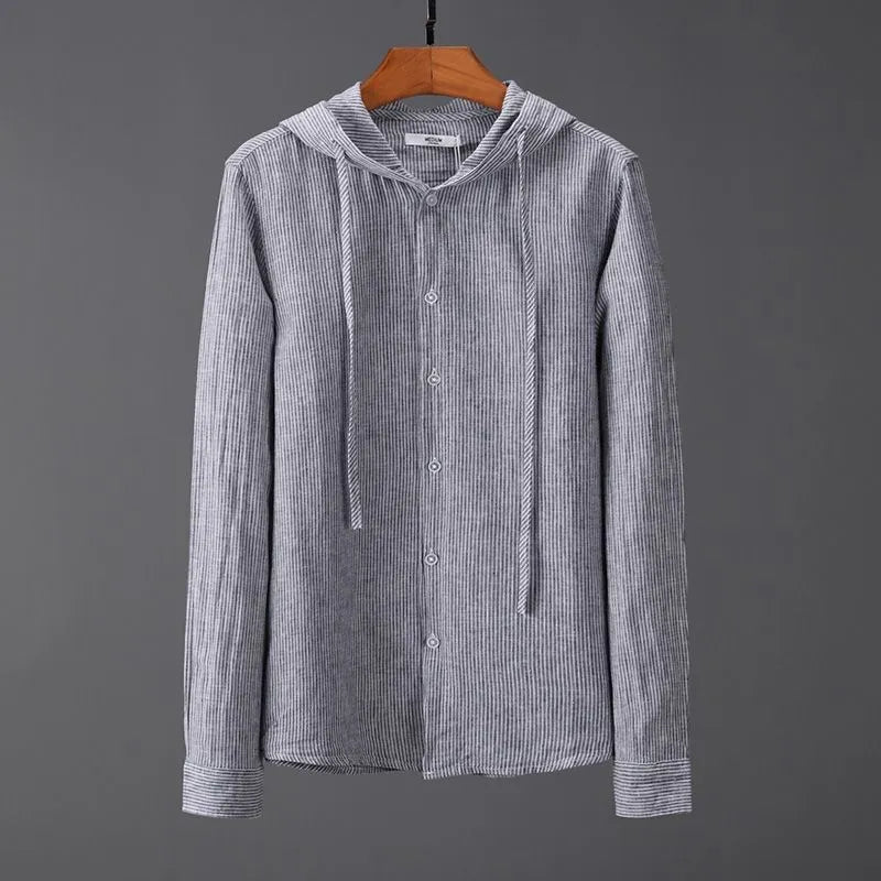 Men's hooded tether striped long sleeve shirt in apricot with wool lining for plus size casual wear