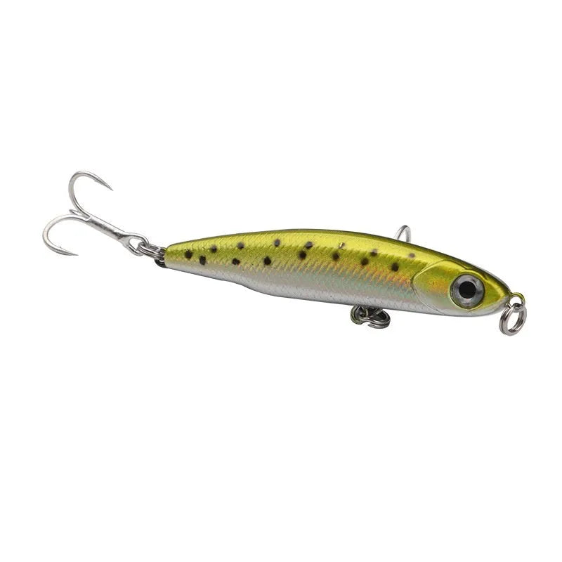 Set of five small silver fish lure pencil baits with double hooks and a tackle box