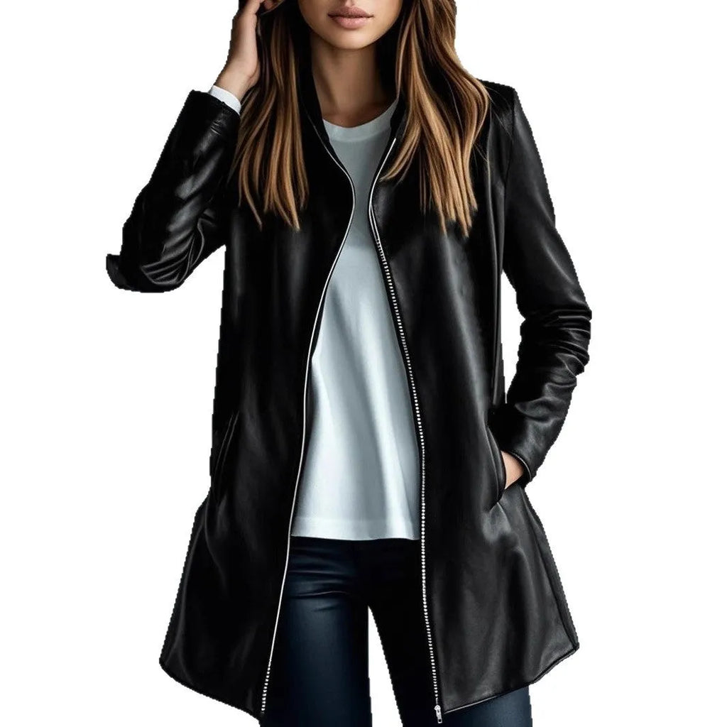 Black women's medium-length polyester leather jacket on a hanger