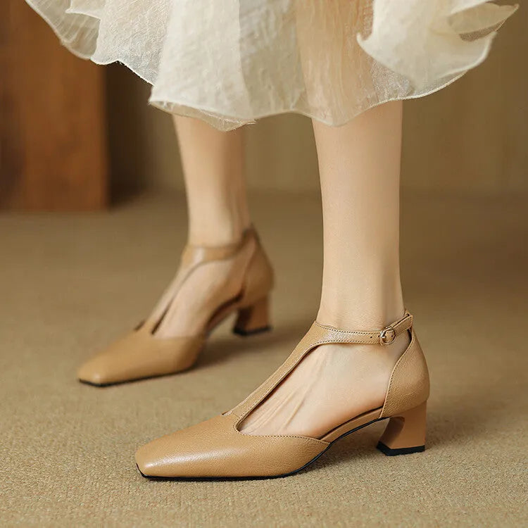 Wine red women's chunky heel shoes with square toe and buckle, made from sheepskin leather.