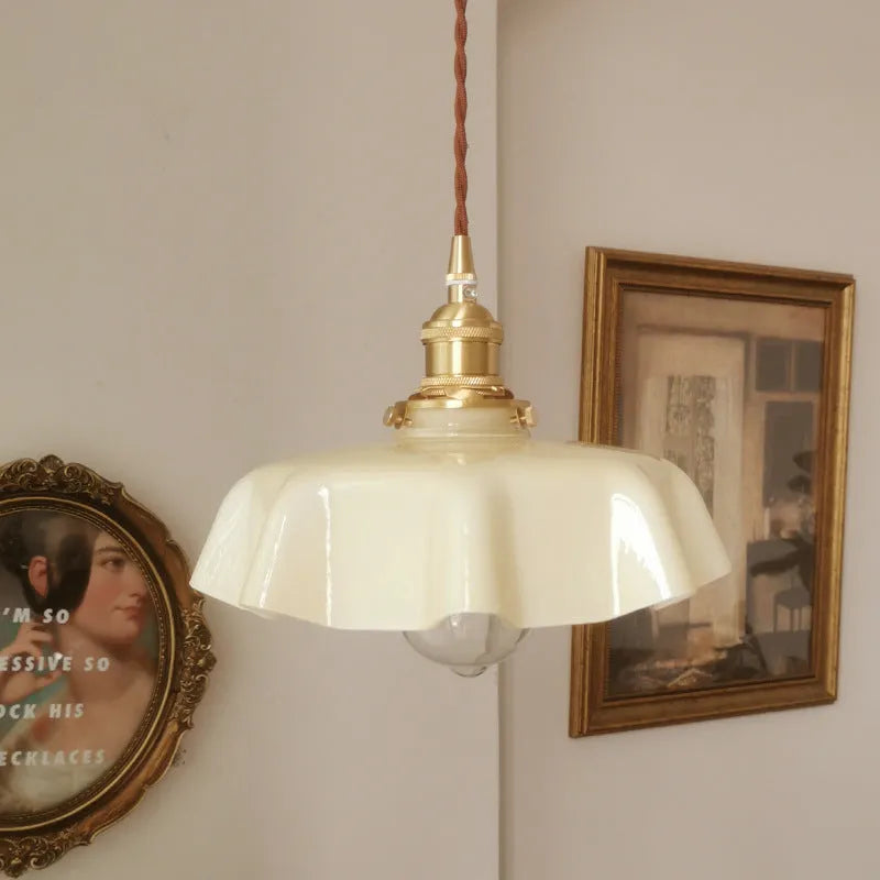 Medieval French brass flower bud cream glass chandelier with adjustable height