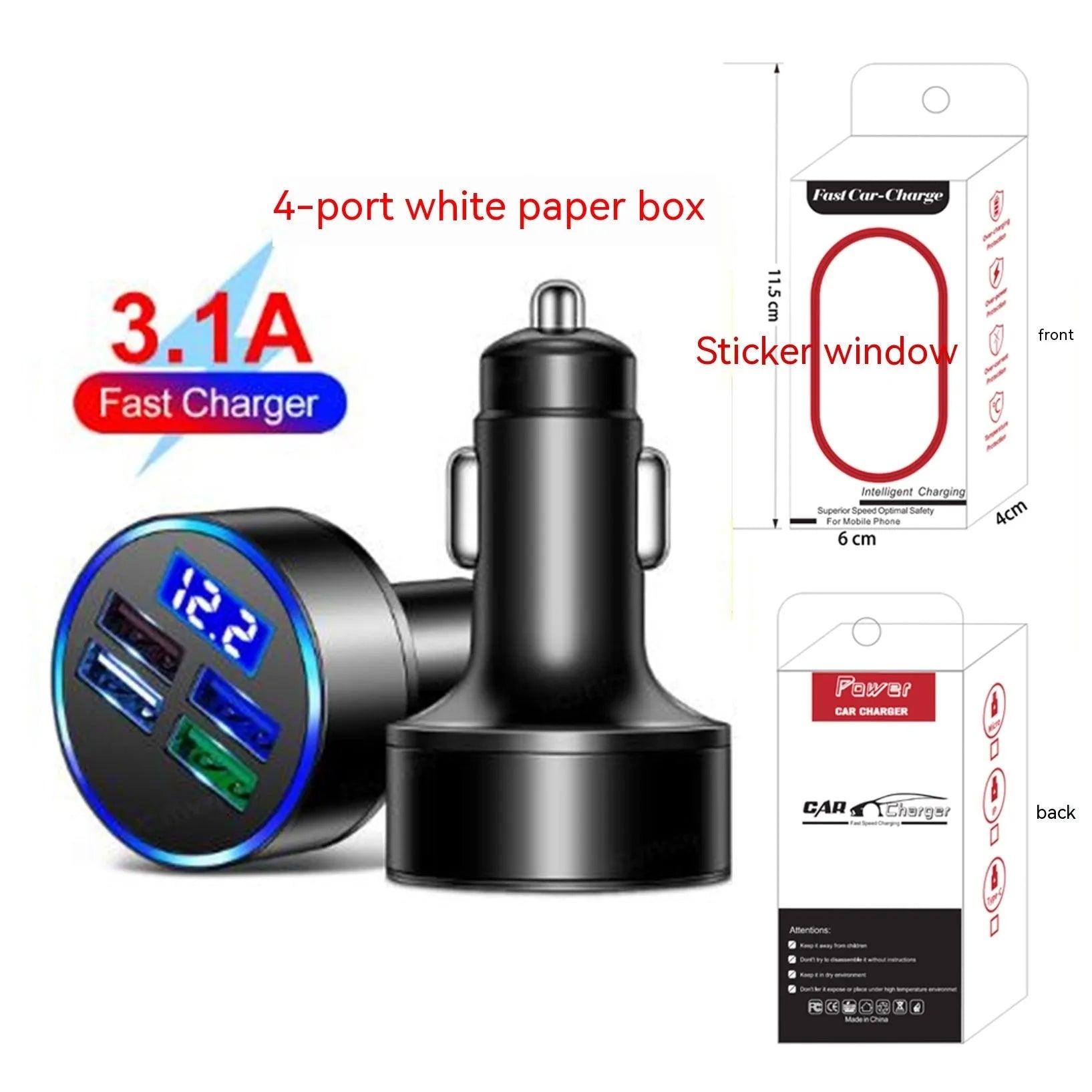 Black multi-port car charger with four USB ports and one cigarette lighter socket.