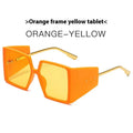 Large square frame sunglasses showing seven colour options: black, blue, champagne, hawksbill, green, orange, and white