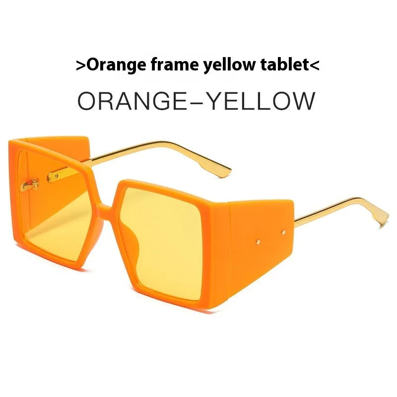 Large square frame sunglasses showing seven colour options: black, blue, champagne, hawksbill, green, orange, and white