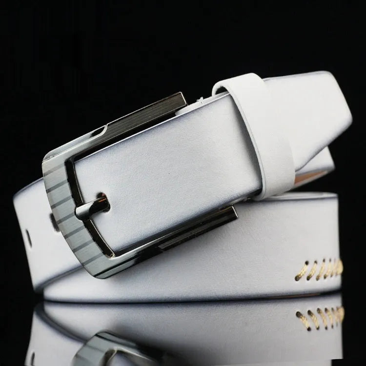 Men's retro style threading pattern belt with alloy pin buckle in black, brown or white