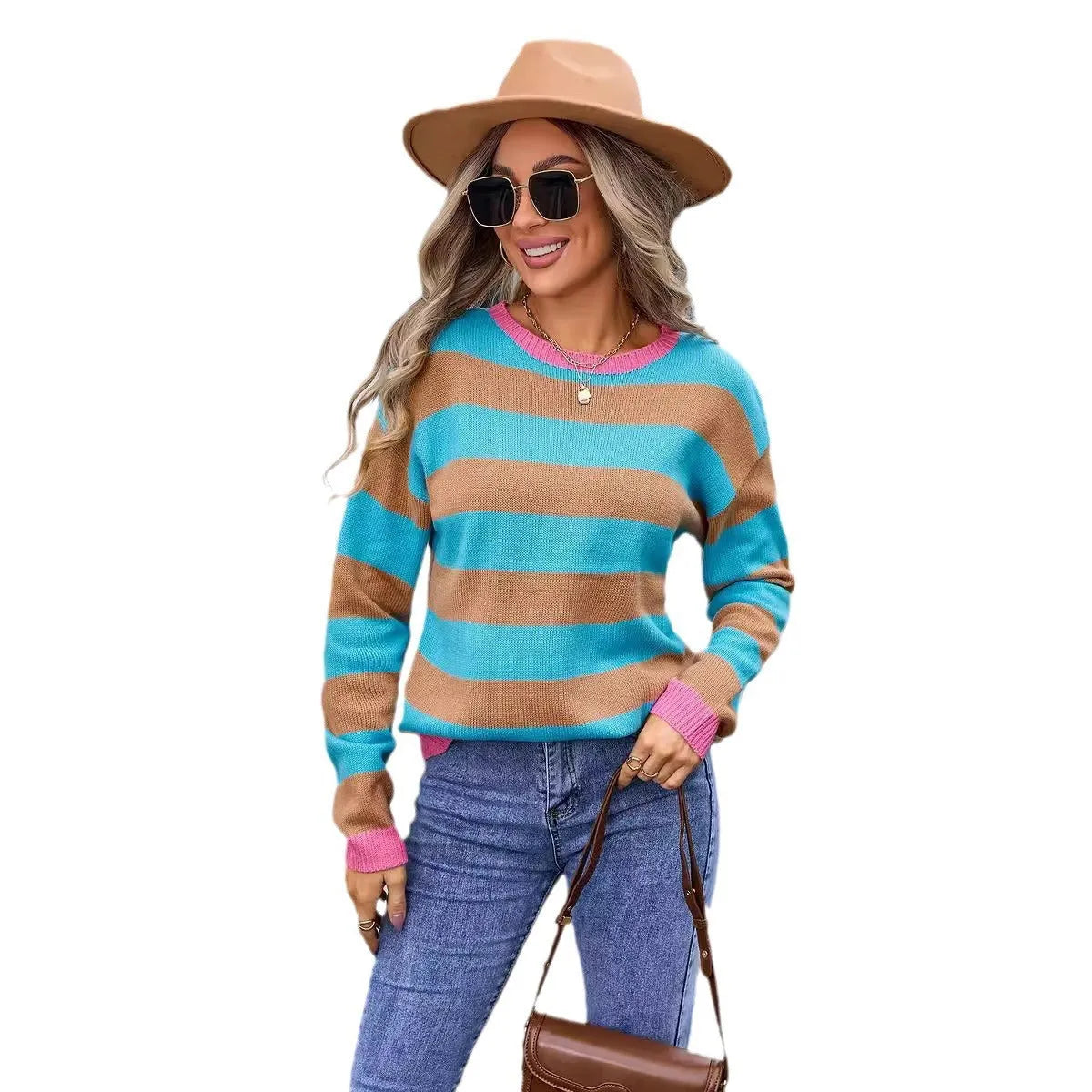 Women's loose striped acrylic sweater in blue colour with round neckline and long sleeves