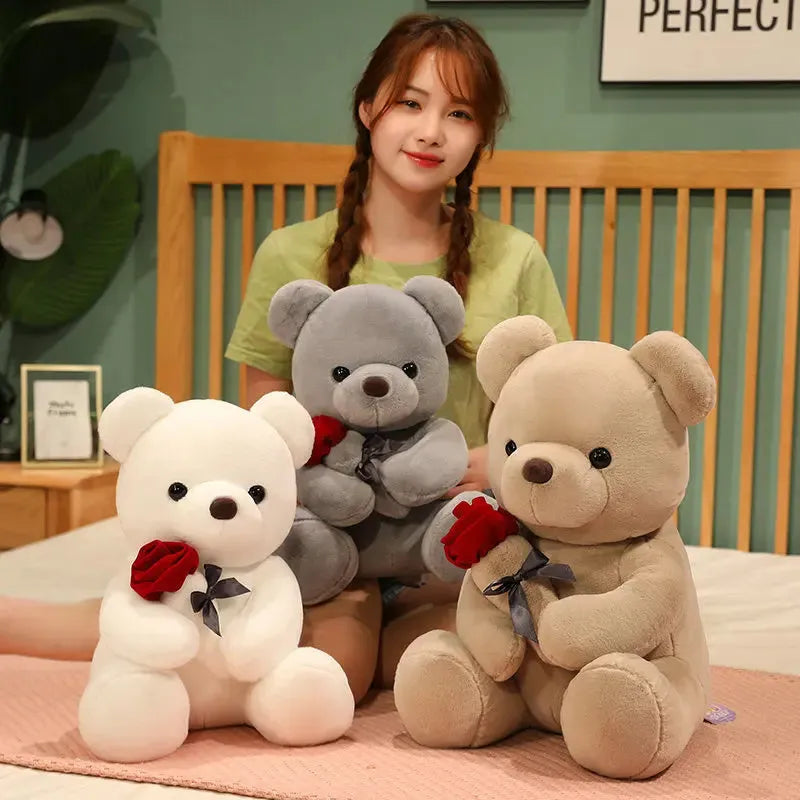 Rose bear plush pillow stuffed animal doll in beige, brown or grey with clear cartoon printing