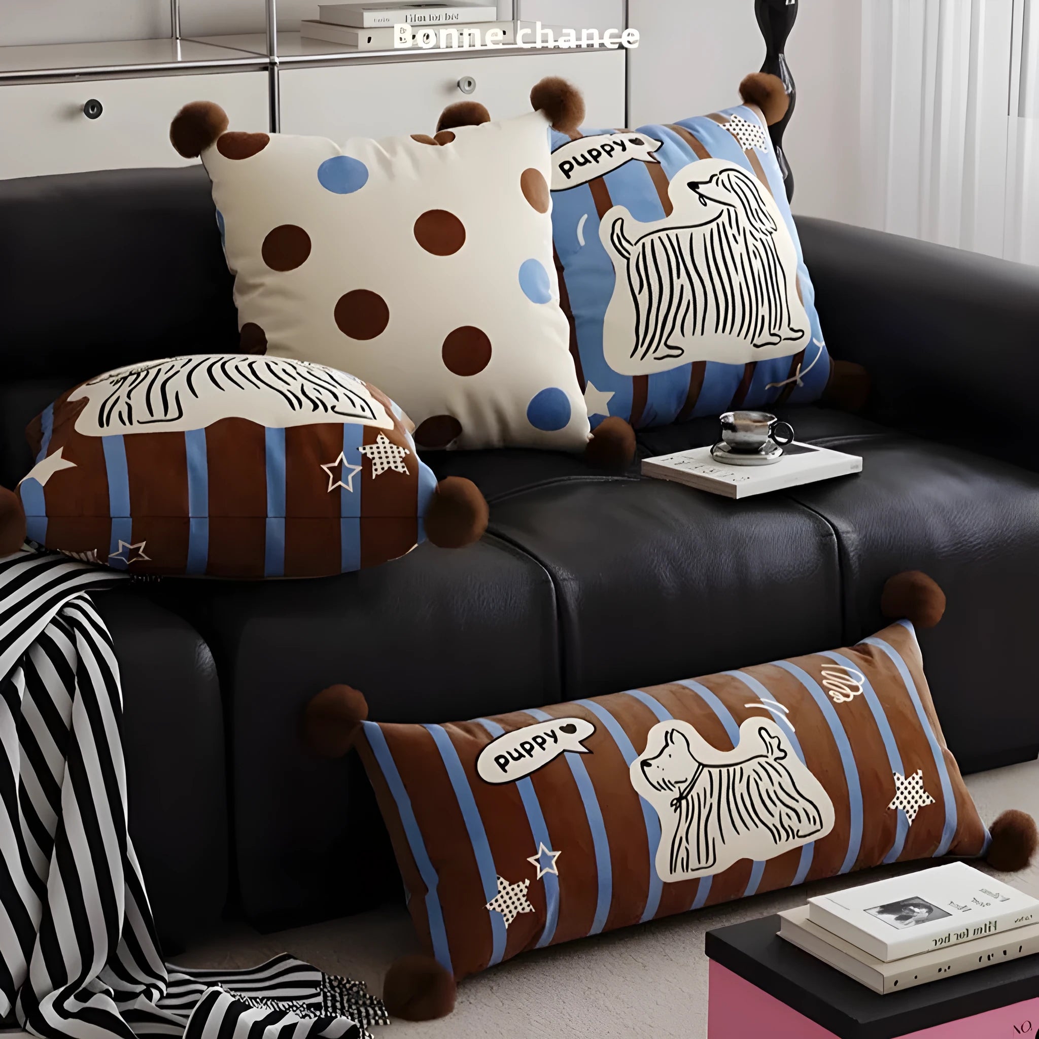 Cartoon animal printed cushion on sofa in blue, brown or white colours, showing 30x70cm, 45x45cm and 60x60cm size options
