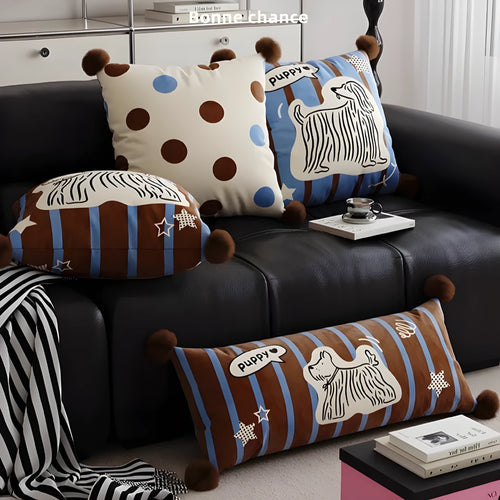 Cartoon animal printed cushion on sofa in blue, brown or white colours, showing 30x70cm, 45x45cm and 60x60cm size options