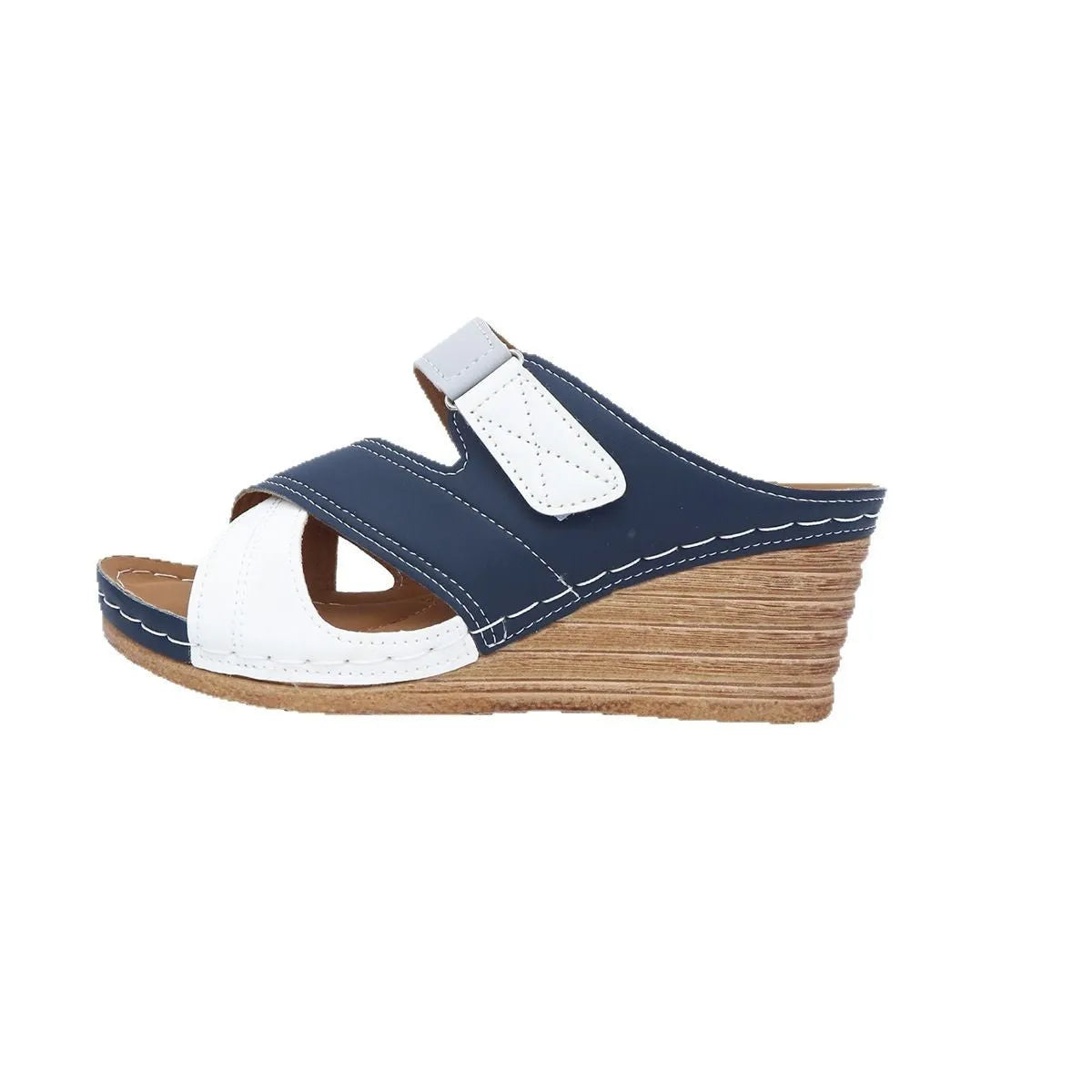 Women's black and white wedge platform slippers with a Velcro strap and open fish mouth toe.