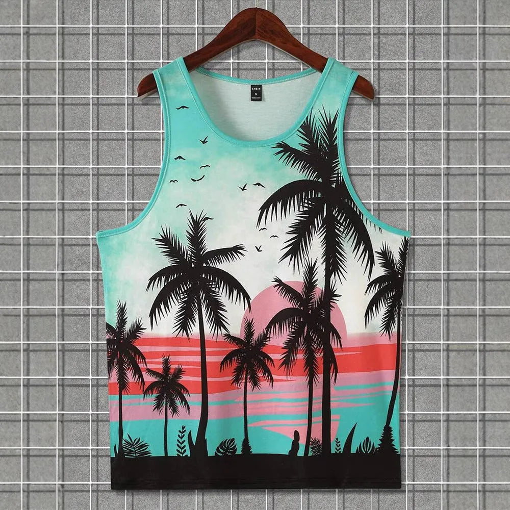 Men's 3D printed Hawaiian pattern sleeveless vest in polyester fabric