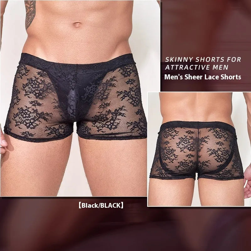 Men's black lace boxer shorts made from nylon fabric, laid flat.