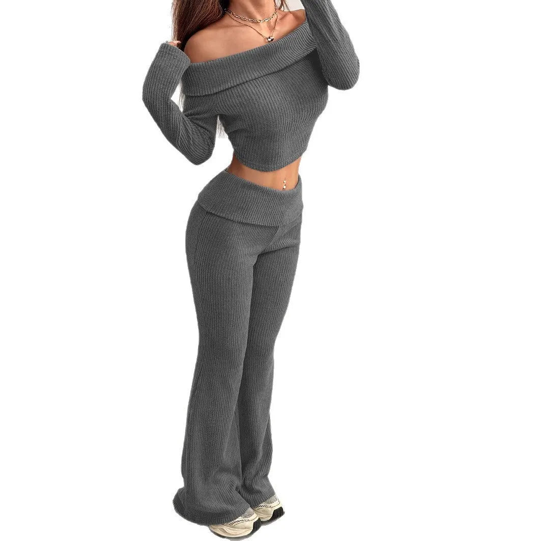 Women's solid gray off-shoulder knitted polyester long sleeve top and flared pants set