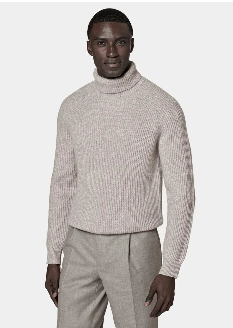 Men's 100% cashmere high-neck knitted sweater in oatmeal colour, long sleeves, front view