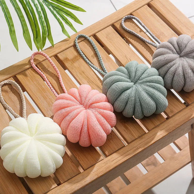 Japanese style 50g bath flower ball in beige with fine mesh and flexible foam, 10cm pumpkin shape